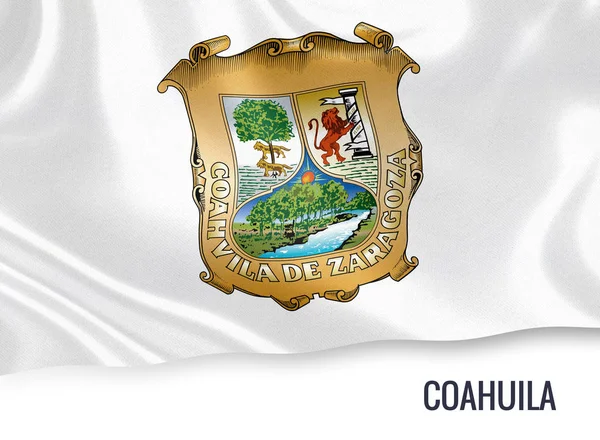Μεξικανική πολιτεία Coahuila σημαία να κυματίζει σε ένα απομονωμένο άσπρο φόντο. Μέλους όνομα περιλαμβάνεται κάτω από τη σημαία. 3D rendering. — Φωτογραφία Αρχείου