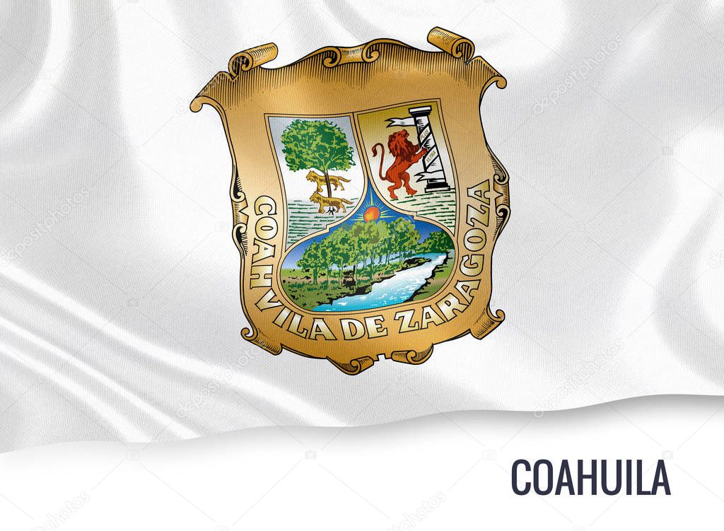 Mexican state Coahuila flag waving on an isolated white background. State name is included below the flag. 3D rendering.