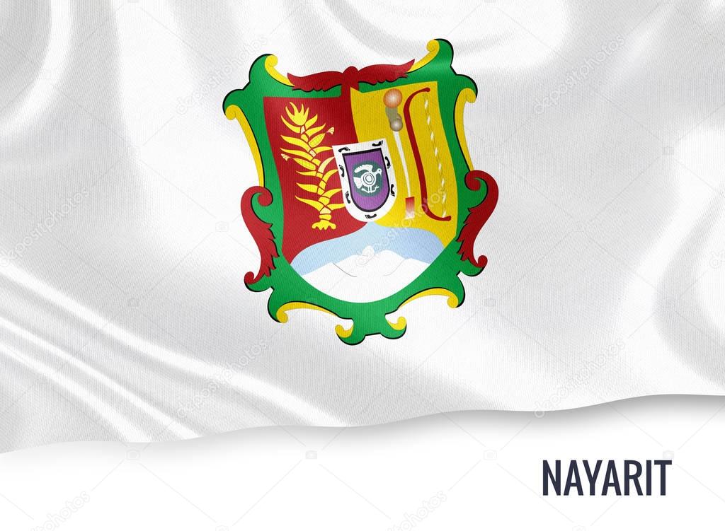 Mexican state Nayarit flag waving on an isolated white background. State name is included below the flag. 3D rendering.