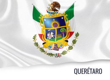 Mexican state Queretaro flag waving on an isolated white background. State name is included below the flag. 3D rendering. clipart