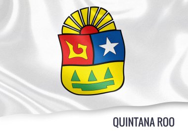 Meksika Devlet Quintana Roo bayrak izole beyaz arka plan üzerinde sallayarak. Eyalet adı bayrağı altında bulunur. 3D render.