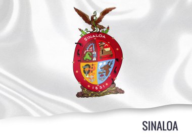 Meksika Devlet Sinaloa bayrak izole beyaz arka plan üzerinde sallayarak. Eyalet adı bayrağı altında bulunur. 3D render.