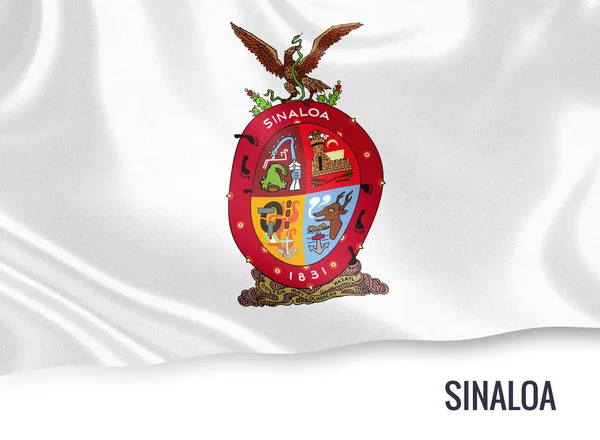 Bandera del estado mexicano de Sinaloa ondeando sobre un fondo blanco aislado. El nombre del estado se incluye debajo de la bandera. Renderizado 3D . — Foto de Stock