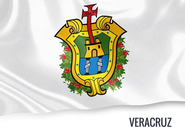 Mexican state Veracruz flag waving on an isolated white background. State name is included below the flag. 3D rendering. — Stock Photo, Image