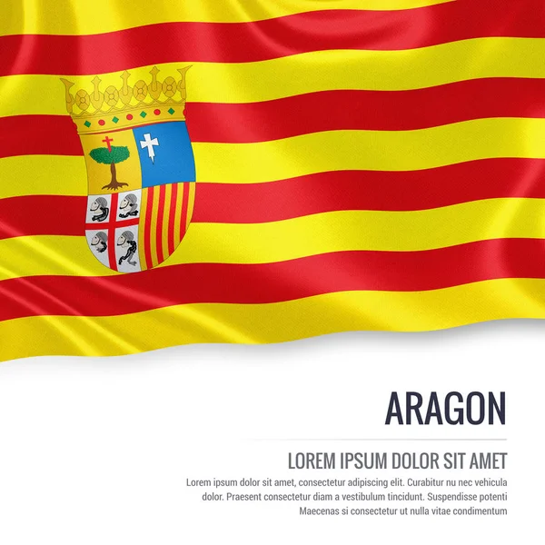 Spanish state Aragon flag waving on an isolated white background. State name and the text area for your message. 3D rendering. — Stock Photo, Image
