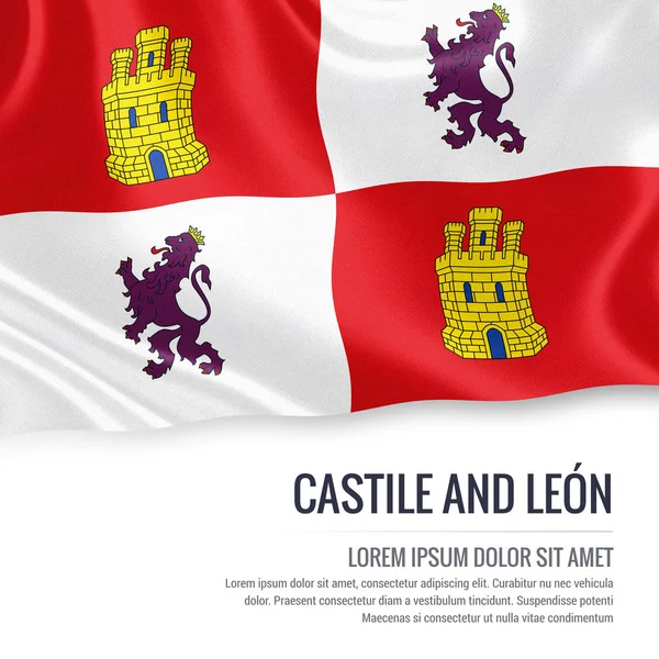 Estado espanhol Castela e Leon bandeira acenando em um fundo branco isolado. Indique o nome e a área de texto da sua mensagem. Renderização 3D . — Fotografia de Stock