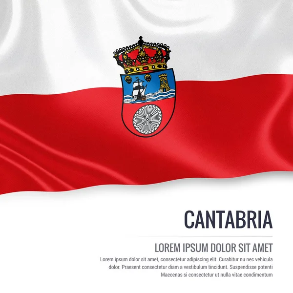 Bandera del estado español de Cantabria ondeando sobre un fondo blanco aislado. Nombre del estado y el área de texto para su mensaje. Renderizado 3D . —  Fotos de Stock
