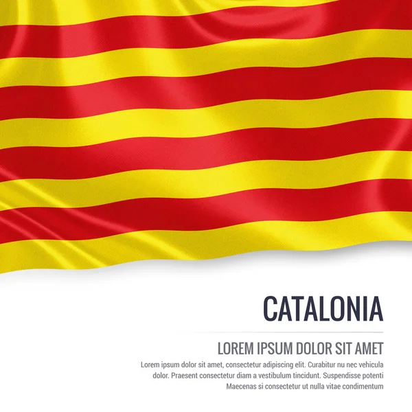 Hiszpański Państwa Catalonia flaga macha na na białym tle. Nazwa stanu i obszaru tekstu wiadomości. renderowania 3D. — Zdjęcie stockowe