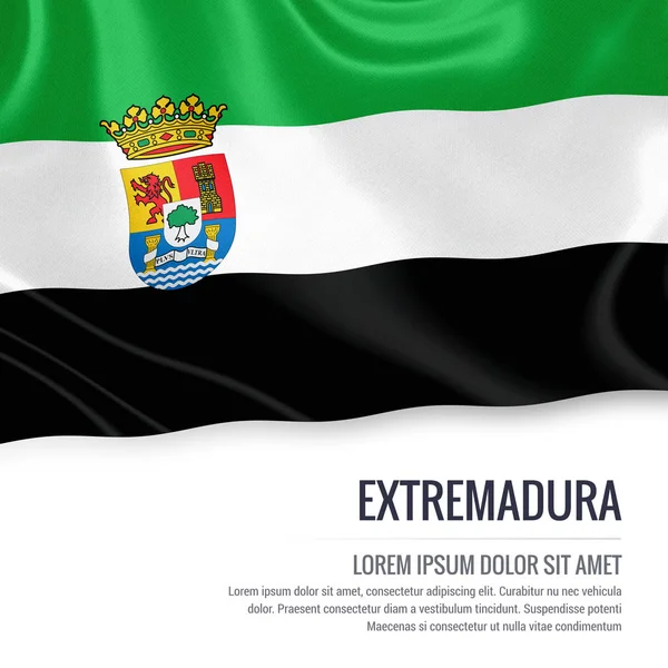 Bandera del Estado español de Extremadura ondeando sobre un fondo blanco aislado. Nombre del estado y el área de texto para su mensaje. Renderizado 3D . —  Fotos de Stock