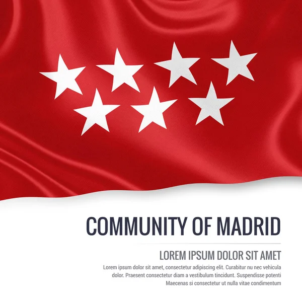 Spanish state Community of Madrid flag waving on an isolated white background. State name and the text area for your message. 3D rendering.