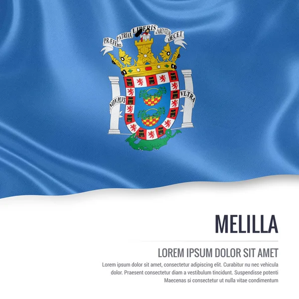 Bandera de Melilla del estado español ondeando sobre un fondo blanco aislado. Nombre del estado y el área de texto para su mensaje. Renderizado 3D . —  Fotos de Stock