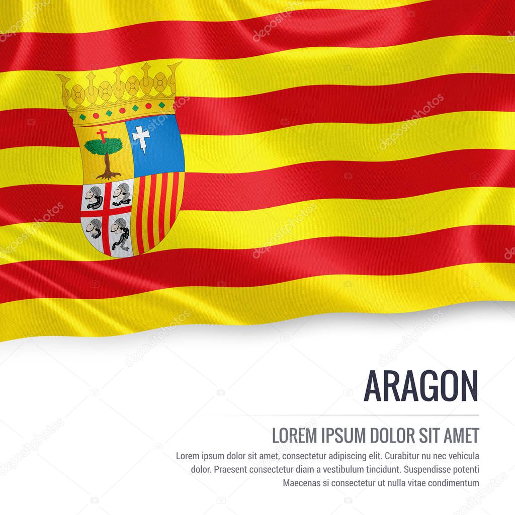 Spanish state Aragon flag waving on an isolated white background. State name and the text area for your message. 3D rendering.