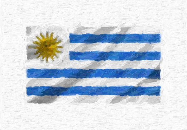 Uruguay hand painted waving national flag, oil paint isolated on white canvas, 3D illustration.