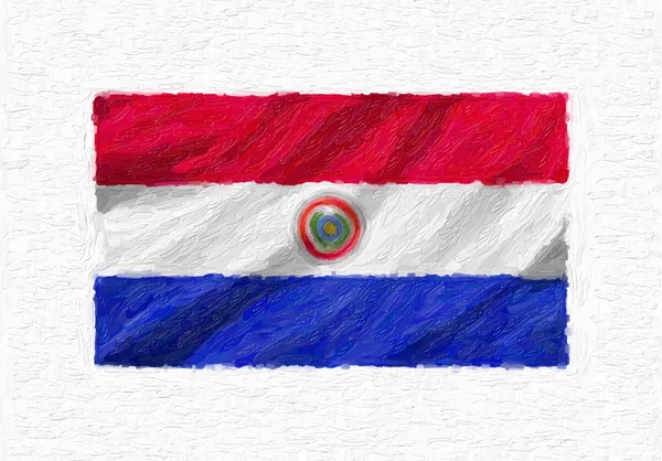 Paraguay hand painted waving national flag, oil paint isolated on white canvas, 3D illustration.