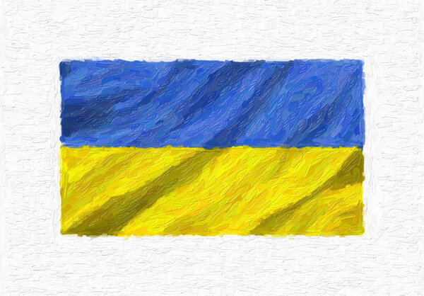 Ukraine hand painted waving national flag, oil paint isolated on white canvas, 3D illustration.