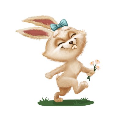 Çiçekli - yeşil tarlada çalışan Karikatür hayvan karakter maskot mutlu şirin tüylü tavşan