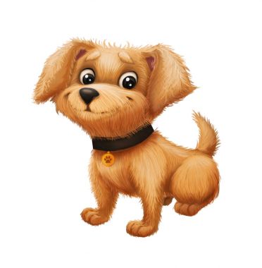 Şirin mutlu küçük tüylü köpek yavrusu gülümseyen - karikatür kuyruk sallama ve oturma hayvan karakter maskot