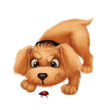 Sevimli küçük tüylü köpek - uğur böceği ile oynarken Karikatür hayvan karakter maskot