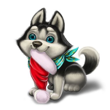 Mutlu bayramlar ve tatil sevgi sevimli Husky köpek - mutlu Noeller ve mutlu yeni yıl - çizilmiş Karikatür hayvan karakter ile