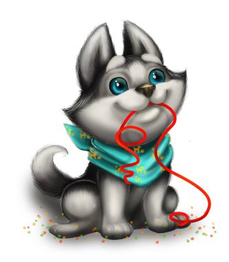 Şirin, gülümseyen ve Husky köpek oyuncak şerit - Bayramınız kutlu olsun - çizilmiş Karikatür hayvan karakter ile oynarken sevgi dolu