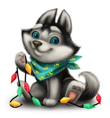 Bayramlar tatil oyuncaklar - mutlu Noeller ve mutlu yeni yıl - çizilmiş çizgi film karakteri ile oynayan sevimli Husky köpek yavrusu