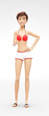 Kendine güvenen, gülümseyen ve memnun Jenny - 3d çizgi film kadın karakter modeli - yukarı başparmak ile göz kırpıyor ve bir şey ipuçları