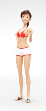 Jenny - 3d çizgi film kadın karakter modeli - gülümseyen, kendinden emin ve güçlü göstermek başparmak yukarıya başarılı ve mutlu duruşu