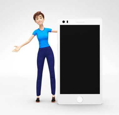 Cep telefonu Mockup boş ekran ile düzenlenen gülümseyen, rahat kıyafetler içinde mutlu Jenny - 3d çizgi film kadın karakteri tarafından