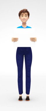 Boş ürün Poster ve başlık sayfası Mockup gerçekleştirildi gülümseyen ve mutlu Jenny - 3d çizgi film kadın karakteri rahat kıyafetler içinde