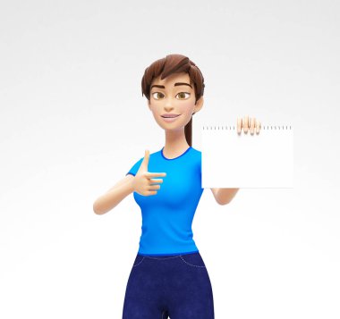 Boş kağıt not defteri Mockup Held gülümseyen ve mutlu Jenny - 3d çizgi film kadın karakteri rahat kıyafetler içinde