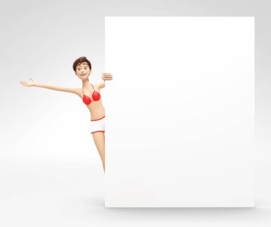 Boş ürün Billboard ve afiş Mockup tebessüm ederek duyurdu ve mutlu Jenny - 3d çizgi film kadın karakteri Mayo Bikini