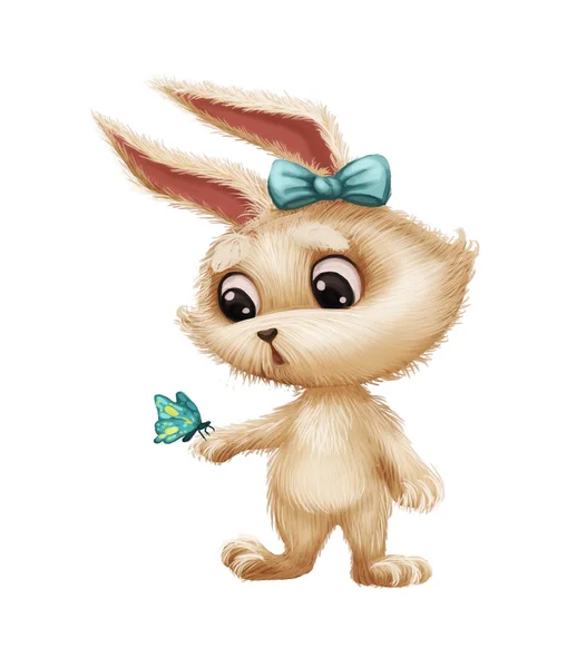 Cute Furry Bunny with Butterfly - Cartoon Animal Character Mascot Terkejut dan Menakjubkan — Stok Foto