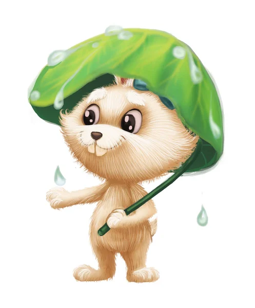 Lindo conejito peludo - Personaje de dibujos animados mascota bajo la lluvia con paraguas — Foto de Stock