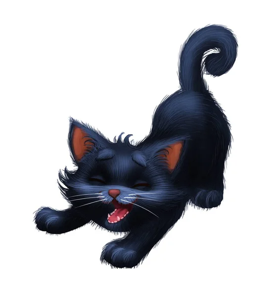 Cute mały kotek Furry - kreskówka maskotka znaków zwierzę rozciągający się z zamkniętymi oczami — Zdjęcie stockowe