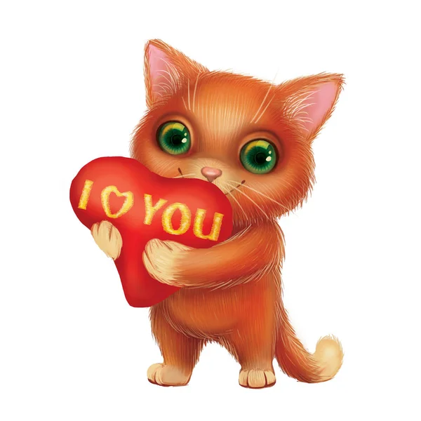 귀여운 웃는 모피 고양이 지주 심장 표시 나는 당신을 사랑 감정-녹색 손으로 그린 만화 동물 캐릭터의 고백 — 스톡 사진