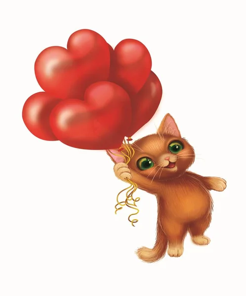 사랑, 마음-행복 한 녹색 손으로 그린 만화 동물 캐릭터 모양에서 풍선에 비행에 귀여운 웃는 모피 고양이 — 스톡 사진