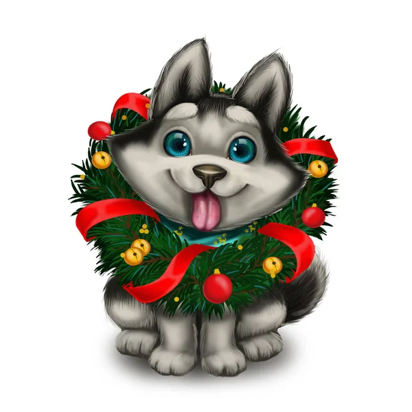 크리스마스 화 환-메리 크리스마스, 해피 뉴가 어-손으로 그린 만화 캐릭터를 입고 귀여운 허스키 강아지와 계절의 인사 — 스톡 사진