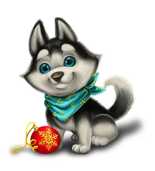 Saludos de temporada con lindo cachorro Husky Jugando con juguetes - Feliz Navidad y Feliz Año Nuevo - Personaje animal de dibujos animados dibujado a mano — Foto de Stock