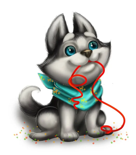 Cachorro Husky lindo, sonriente y cariñoso jugando con cinta de juguete - Felices fiestas - Personaje animal de dibujos animados dibujado a mano — Foto de Stock