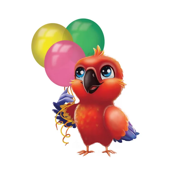Roztomilý papoušek papoušek drží balony strana - děti všechno nejlepší k narozeninám od Happy Blue-Eyed kreslené animované kreslené postavičky — Stock fotografie