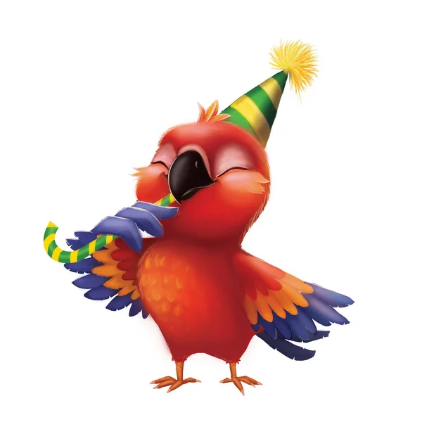 S úsměvem papoušek papouška jíst cukroví v Party Hat - děti všechno nejlepší k narozeninám od roztomilé kreslené animované kreslené postavičky — Stock fotografie