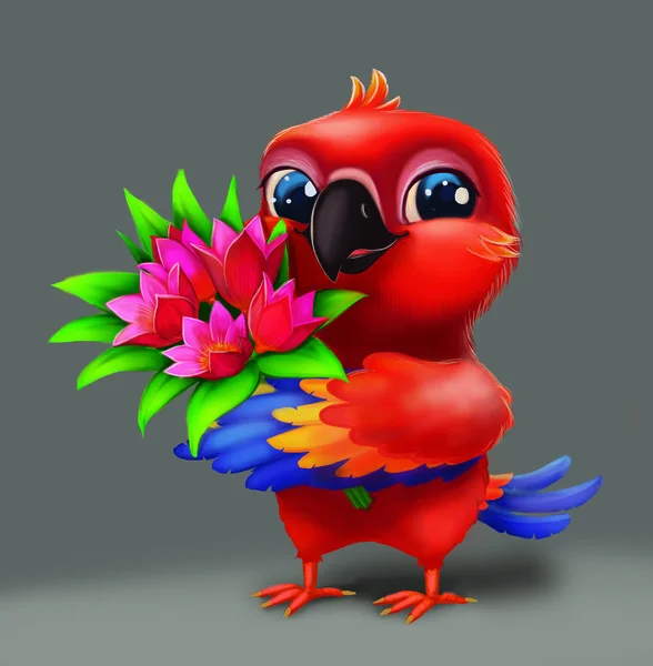 Roztomilý papoušek papoušek drží květiny jako dárek pro milovanou - Happy Blue-Eyed kreslené kreslené postavičky zvířat — Stock fotografie