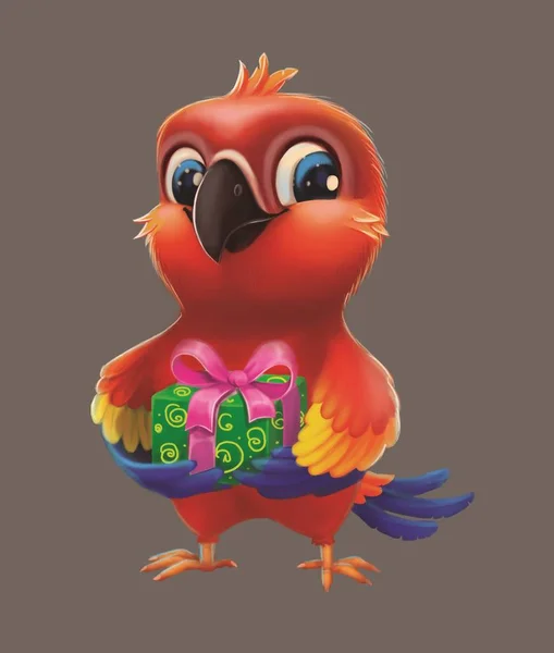 Usměvavý papoušek papoušek dávat stranou dárek příteli - děti všechno nejlepší k narozeninám od roztomilé kreslené animované kreslené postavičky — Stock fotografie