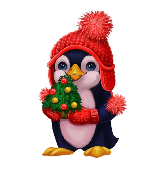 Season's Greetings met kleine pinguïn in grappige hoed bedrijf kerstboom - Happy Holidays en Nieuwjaar met handgetekende karakter — Stockfoto