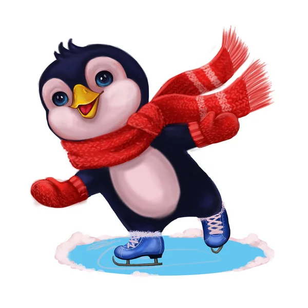 Vystupovali jsme s roztomilý malý tučňák v legrační šátek bruslení - Veselé Vánoce a šťastný nový rok znakem drawn — Stock fotografie