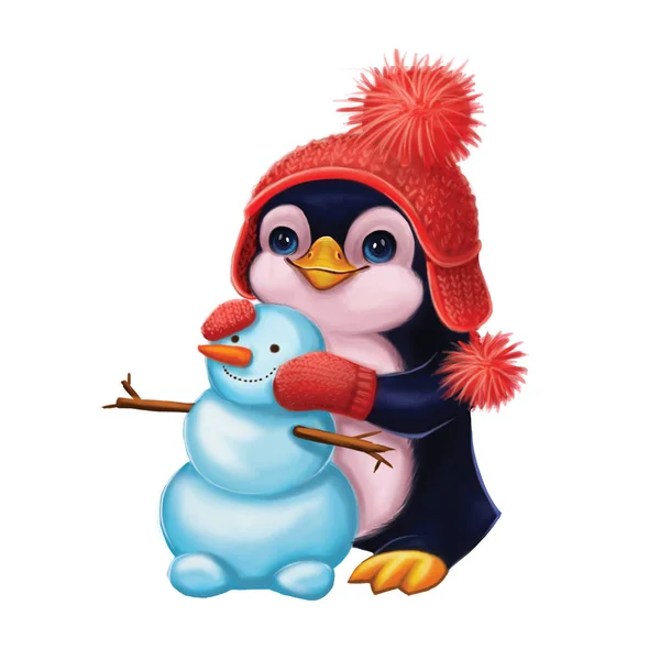 Saudações da Temporada com Sorrindo Pequeno Pinguim Bonito Fazendo Boneco de Neve - Feliz Natal e Feliz Ano Novo com Personagem Desenhado à Mão — Fotografia de Stock