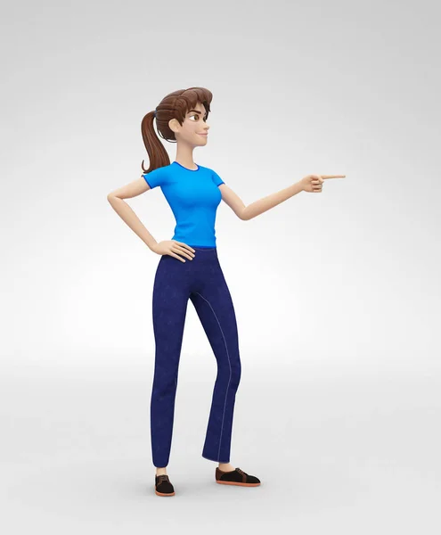 Lachende, vrolijk, speels grijnzende Jenny - 3d Cartoon vrouwelijke personage Model - verwijst naar Cool briljant idee — Stockfoto