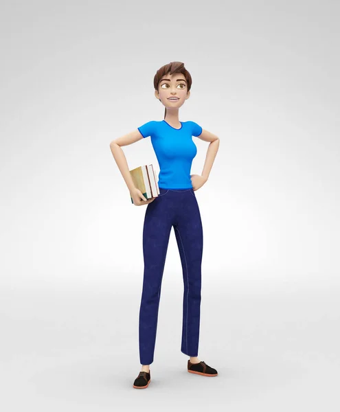 Lachende, intelligente en geëngageerde Jenny - 3d Cartoon vrouwelijke personage Model - Nerd Student met boeken — Stockfoto