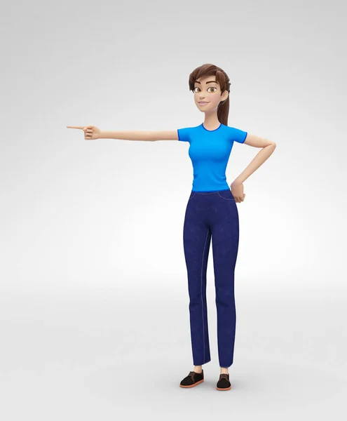 Gelukkig en vriendelijke Jenny - 3d Cartoon vrouwelijke personage Model - vinger met glimlach — Stockfoto