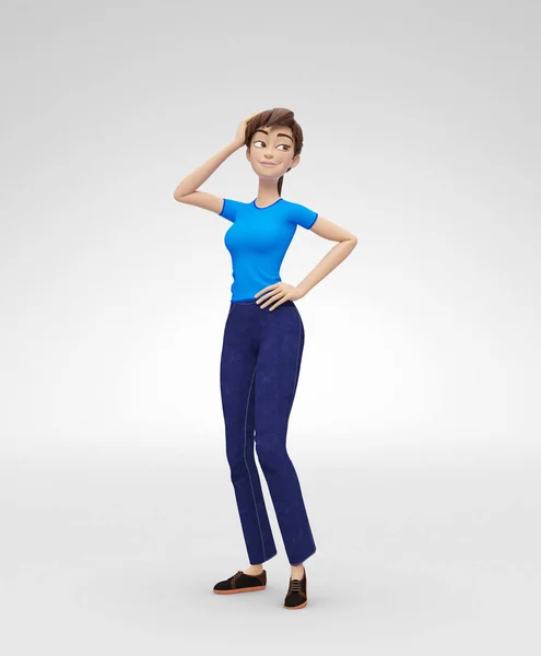 いちゃつく、笑顔、夢のような自信のジェニー - 3 d 漫画の女性キャラクター モデル - 修正髪と見える距離 — ストック写真